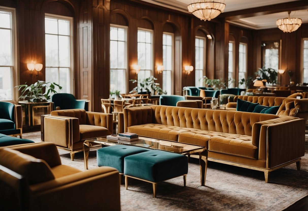 A room filled with art deco furniture for sale, including sleek chairs, geometric tables, and luxurious velvet sofas
