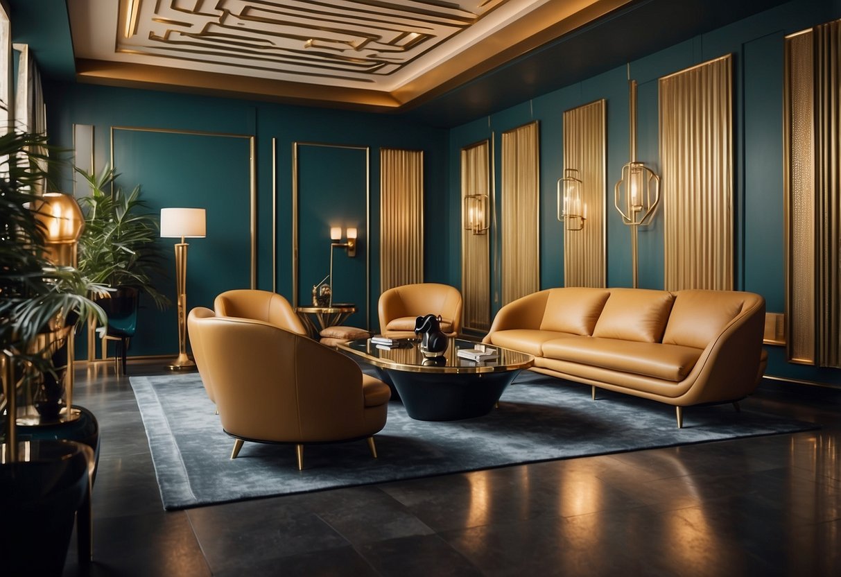 A room filled with sleek, geometric Art Deco furniture for sale. Bold lines, luxurious materials, and vibrant colors create a striking and elegant atmosphere