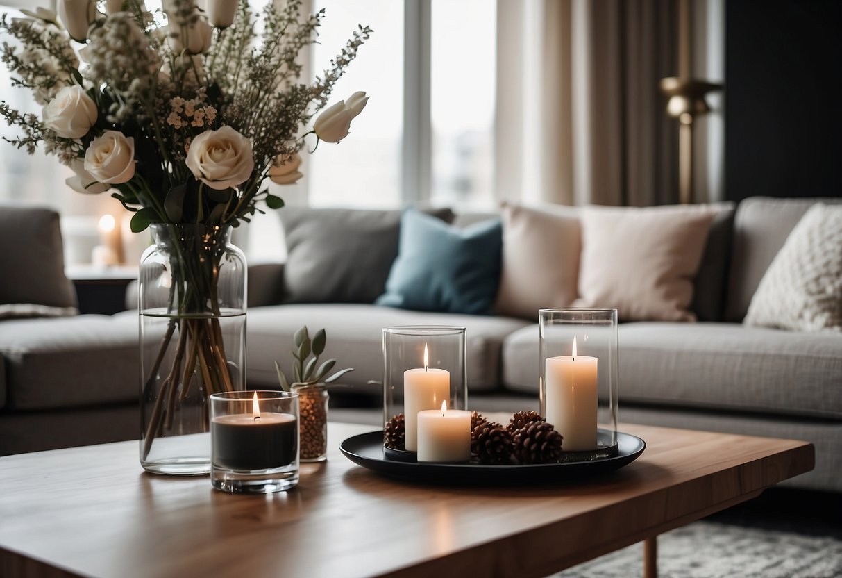 A cozy living room with a plush sofa, elegant coffee table, and stylish wall art. Decorative accents like candles and vases add a touch of sophistication to the space