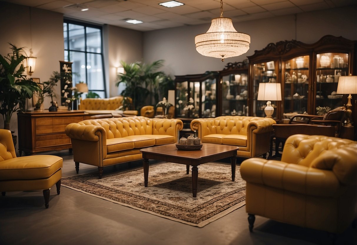 A showroom filled with vintage deco furniture, neatly arranged for sale. Bright lighting highlights the unique features of each piece