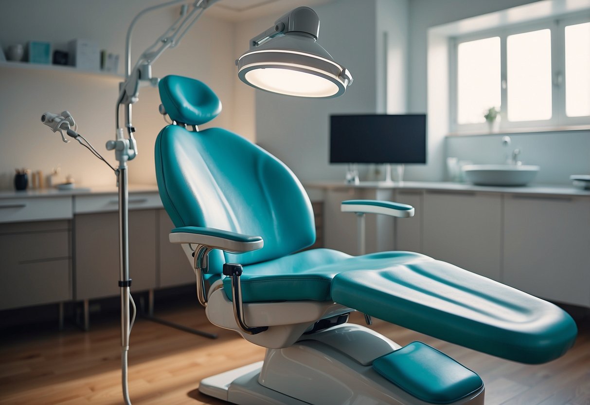 A dental chair, bright overhead light, and various dental tools on a tray