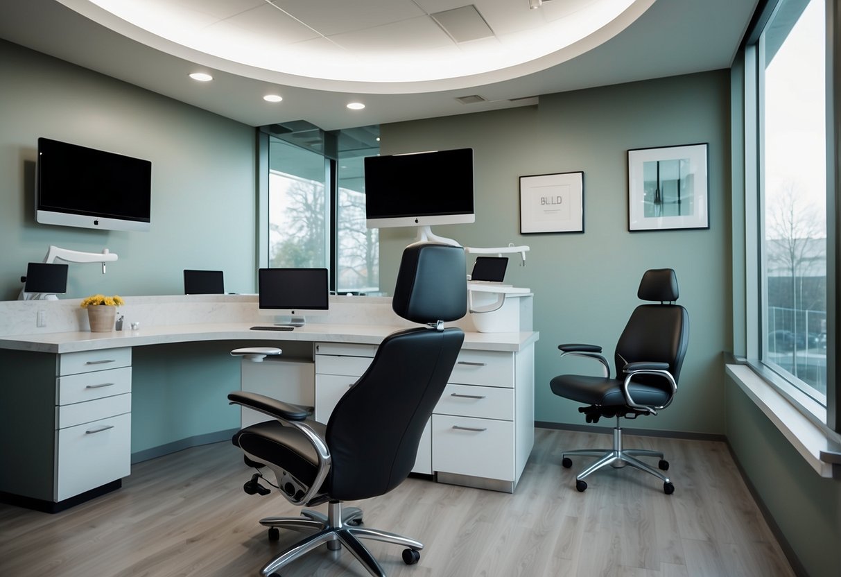 A dental office with modern, sleek furniture arranged in a clean and organized layout, with ergonomic chairs and functional workstations