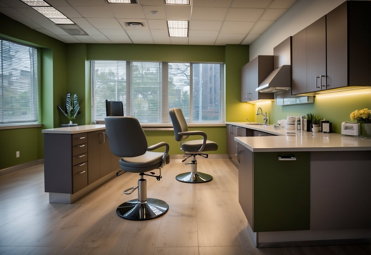 A modern dental office with sleek, ergonomic furniture and vibrant colors, featuring a reception desk, treatment chairs, and storage cabinets
