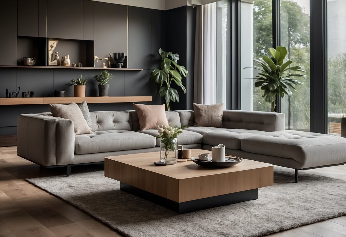 A modern living room with Alia furniture, featuring a sleek sofa, coffee table, and minimalist decor