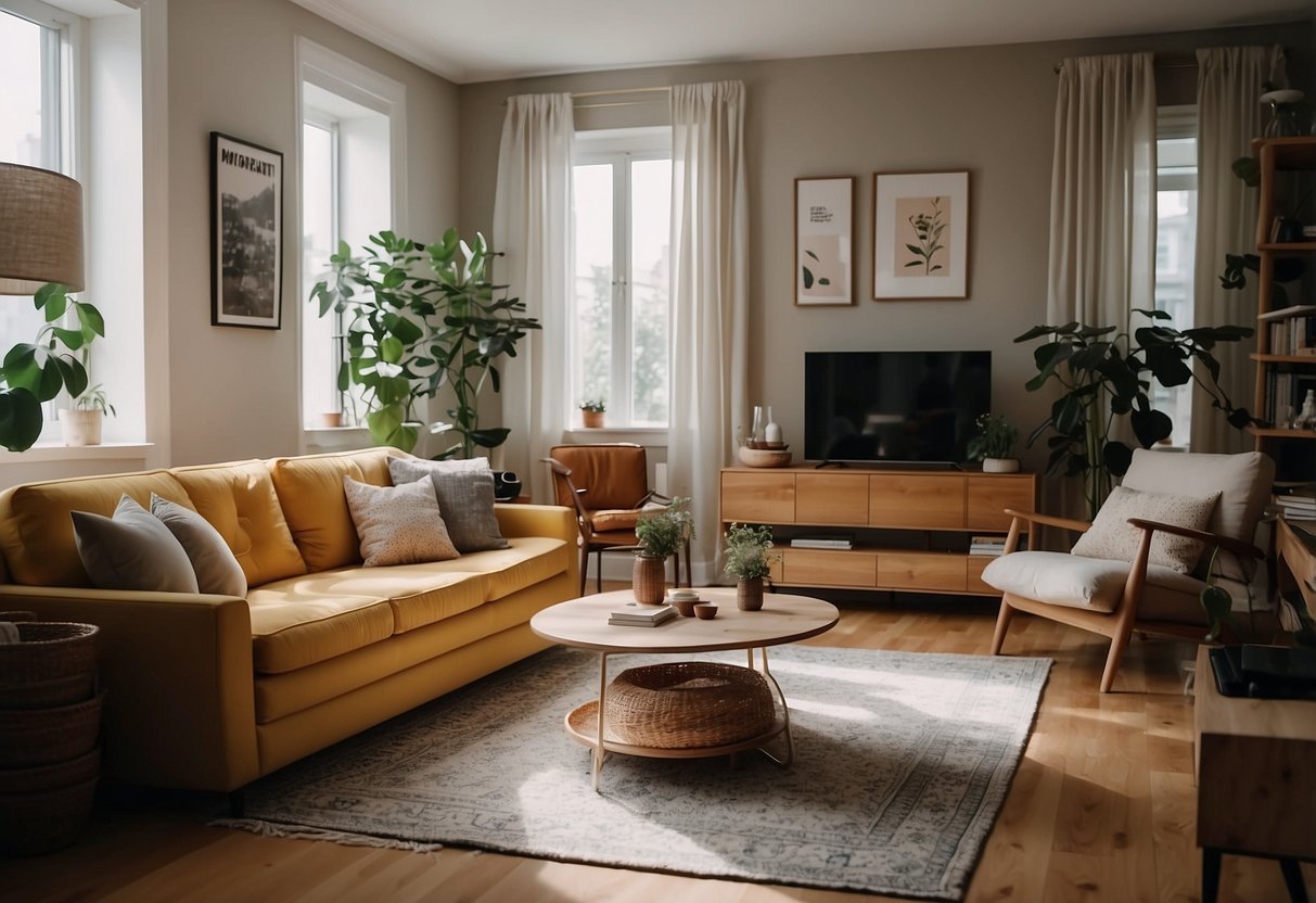 A cozy living room with modern and vintage furniture, soft lighting, and art pieces on the walls
