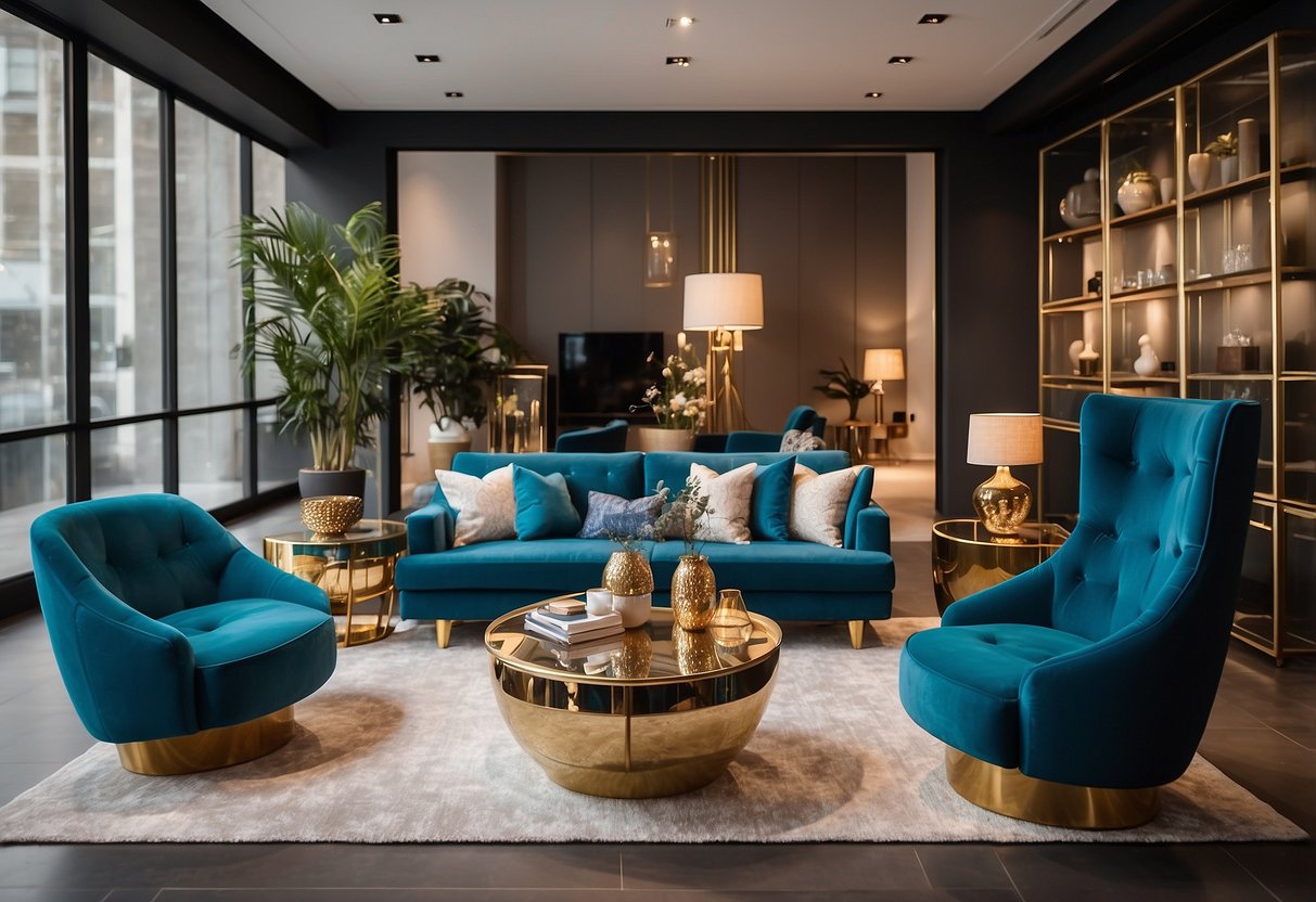 A spacious showroom displays Alia's Furniture Collections with modern designs and vibrant colors. Various pieces are arranged in stylish room settings, showcasing the brand's diverse range of furniture