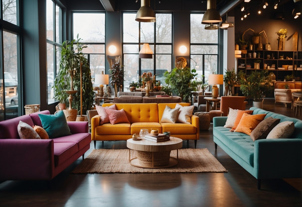 A cozy art house furniture store with colorful, eclectic pieces arranged in a spacious, well-lit showroom