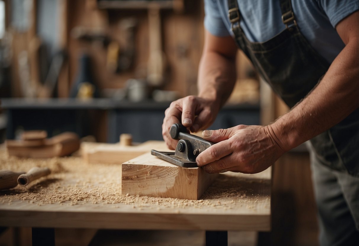 A workshop with wood, tools, and sawdust. A craftsman's hands shaping a wooden chair. Shelves filled with varnishes and stains