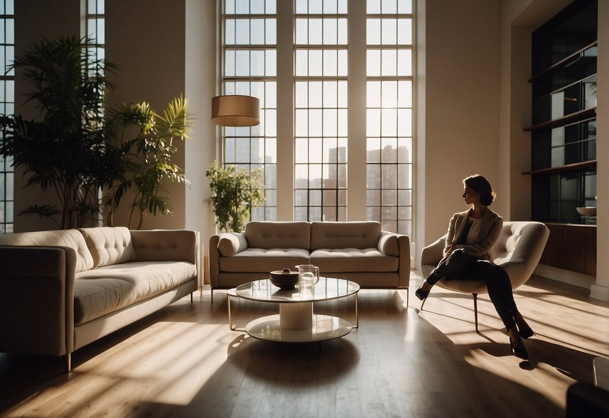 A customer sits on a plush sofa, admiring the sleek design of a modern coffee table. Sunlight streams through the large windows, casting a warm glow on the elegant furniture pieces