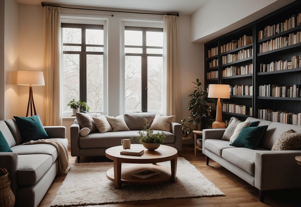 A cozy living room with modern furniture, a bookshelf filled with art books, and a large window letting in natural light