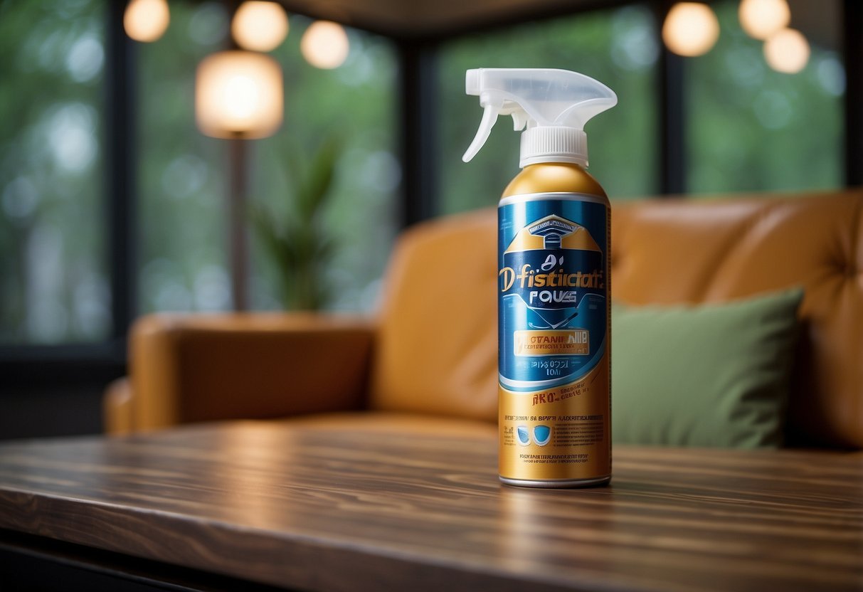 A can of disinfectant spray hovers over a wooden table, misting onto the surface, with a couch and chair in the background