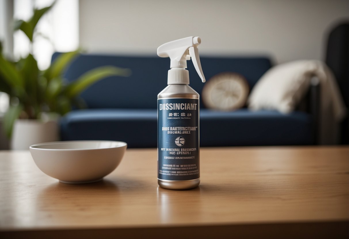 A hand reaching for a can of disinfectant spray next to a neatly arranged set of furniture. The label on the can clearly states "Disinfectant Spray for Furniture."