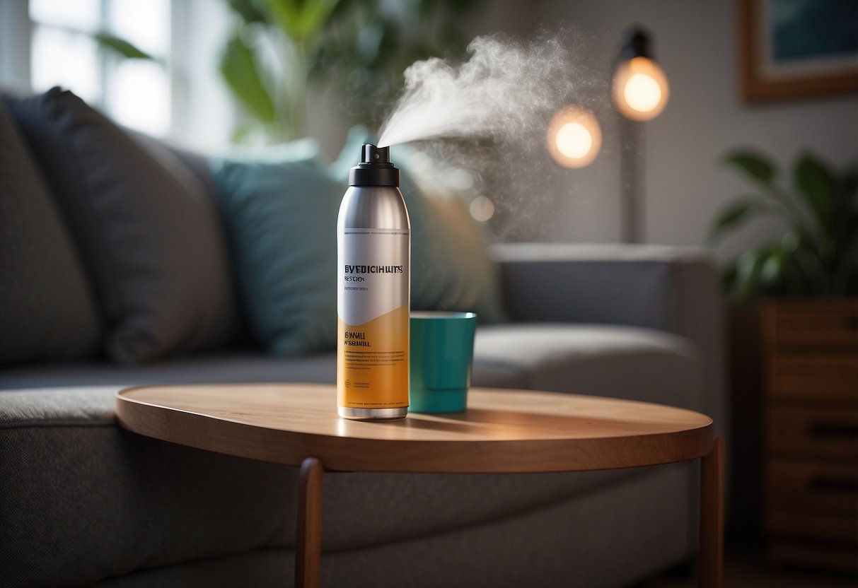 A can of disinfectant spray positioned next to a couch and coffee table, with a soft mist spraying onto the furniture