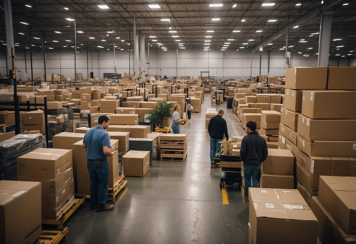 A bustling warehouse filled with discounted Ashley furniture, with customers browsing and employees restocking shelves