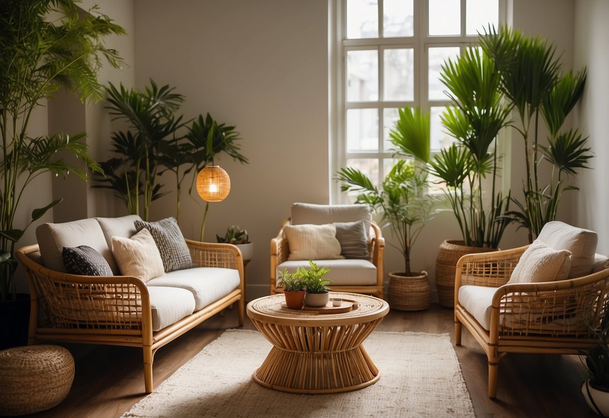 A cozy living room with bamboo chairs, tables, and shelves. Soft lighting and plants create a serene atmosphere