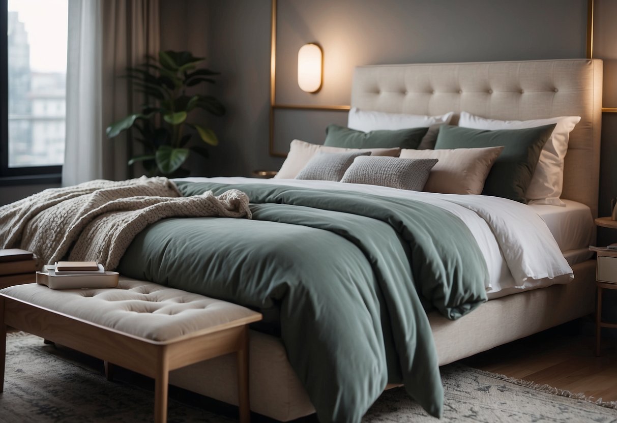 A cozy bedroom with a stylish bed, nightstands, and a soft rug. A laptop and a cup of coffee sit on the nightstand. The room is filled with natural light from a large window