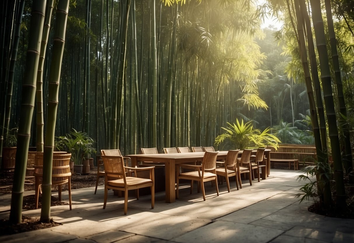A serene bamboo forest with a variety of furniture designs nestled among the tall, slender stalks. Sunlight filters through the leaves, casting dappled shadows on the intricate designs