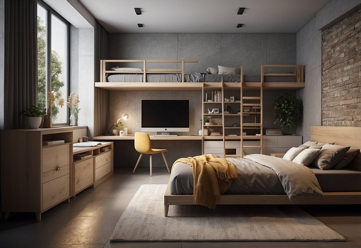 A room with various bed furniture options displayed online, including different styles, sizes, and materials