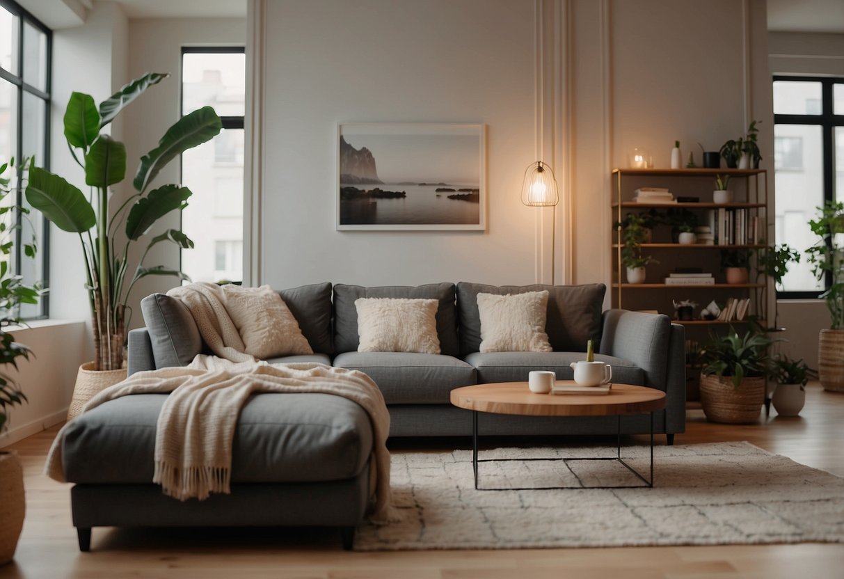 A cozy living room with a modern sofa, coffee table, and bookshelf. Soft lighting and plants create a warm and inviting atmosphere