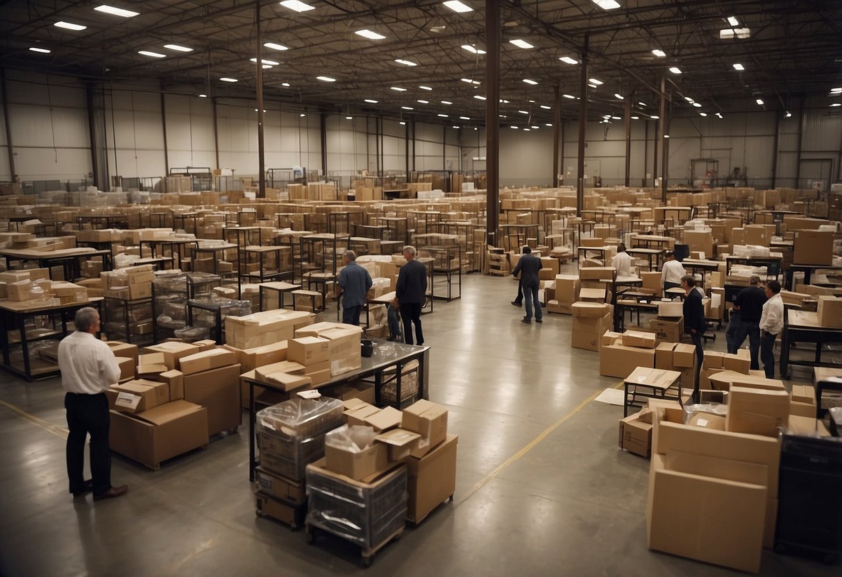A bustling warehouse with rows of furniture, customers browsing, and staff assisting. Signs display "Frequently Asked Questions" for the ongoing Ashley furniture sale