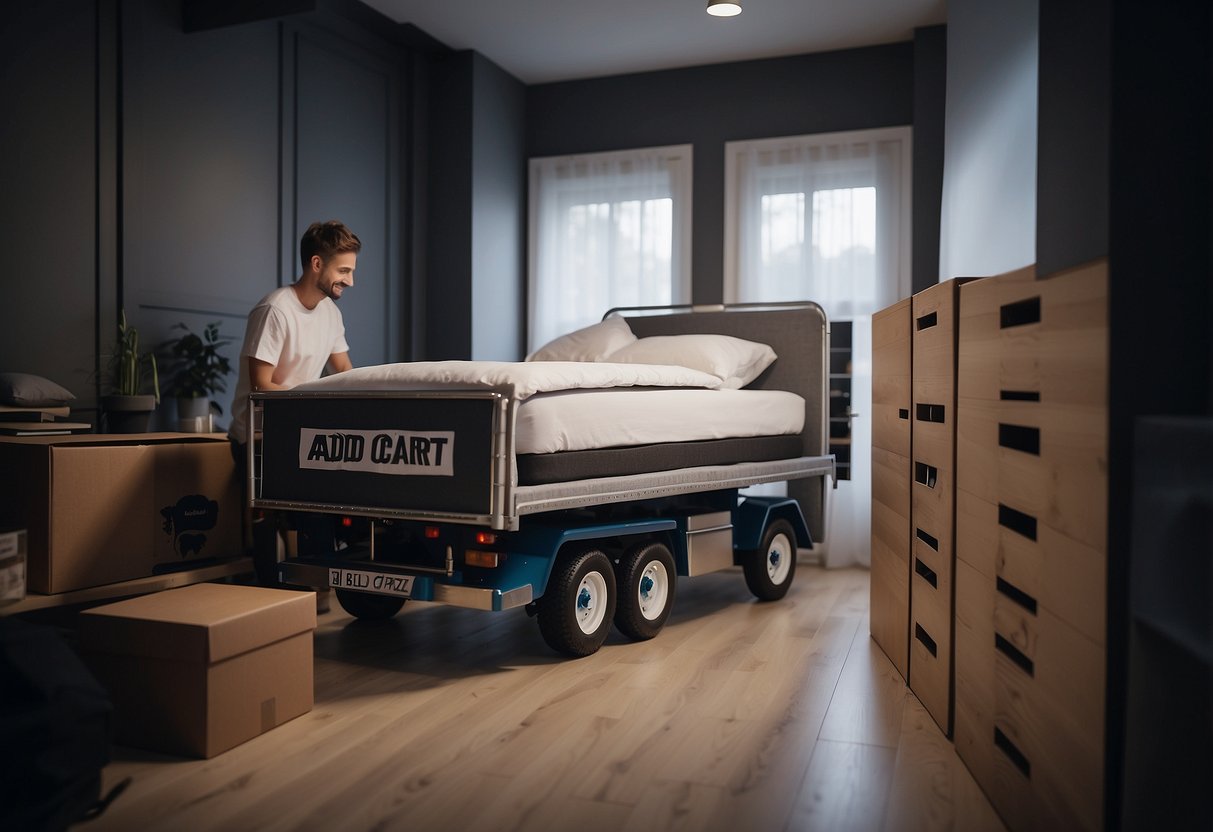 A person clicks "Add to Cart" for a bed online. A delivery truck arrives with the bed, and the person sets it up in their bedroom