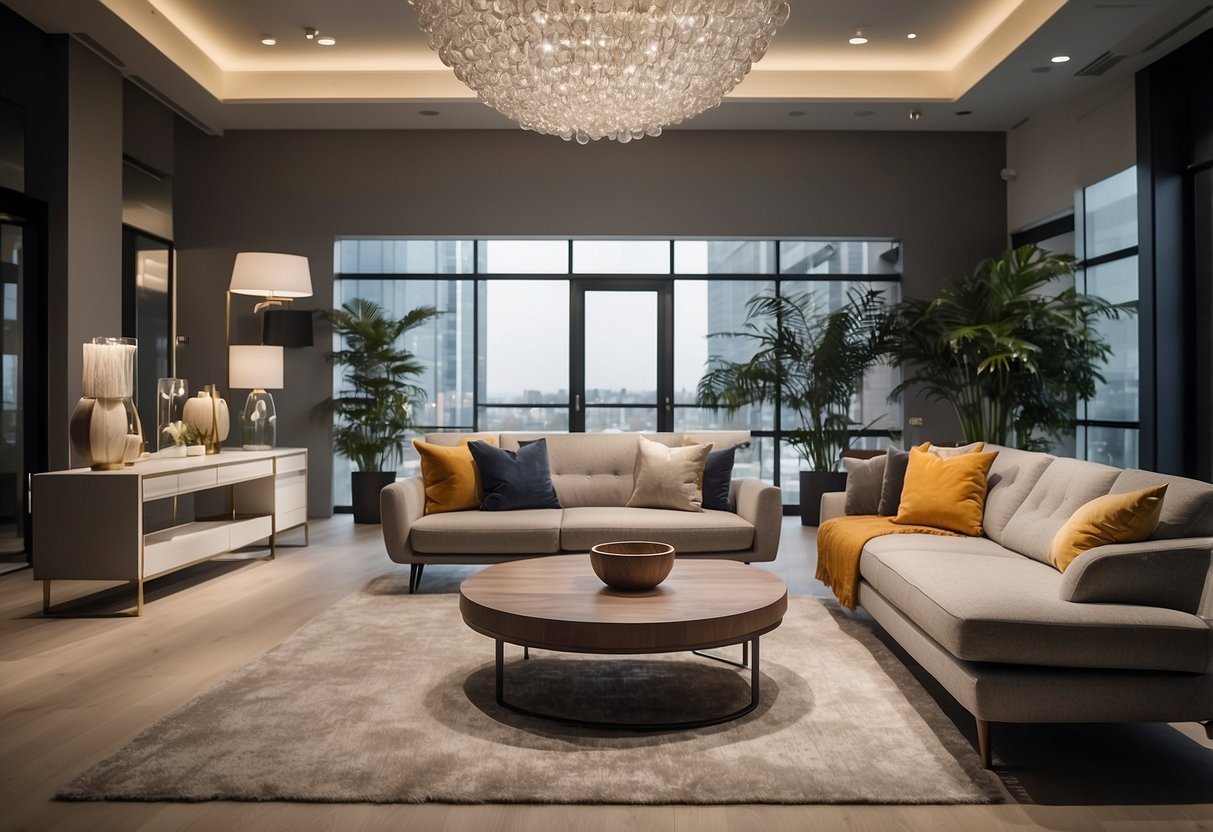 A well-lit showroom displays a variety of modern and sleek furniture pieces, including sofas, chairs, and tables, showcasing Domicil's unique collection