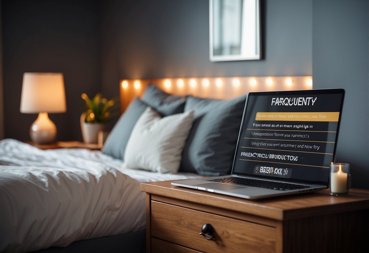 A laptop and a stack of books on a bedside table with a "Frequently Asked Questions" banner above a bed
