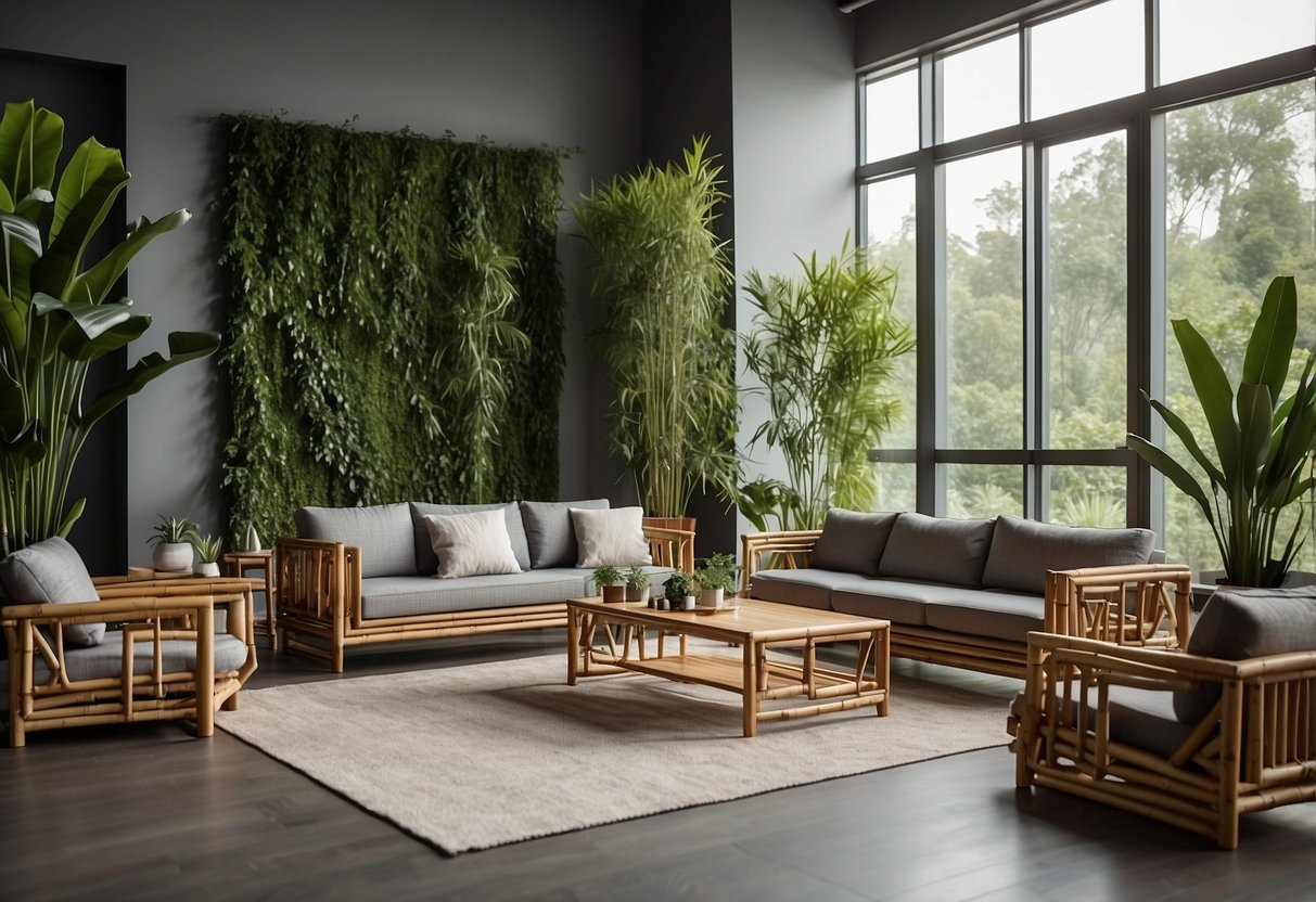 A modern living room with bamboo furniture, surrounded by green plants and natural light. The furniture includes sleek, minimalist designs with clean lines and sustainable features