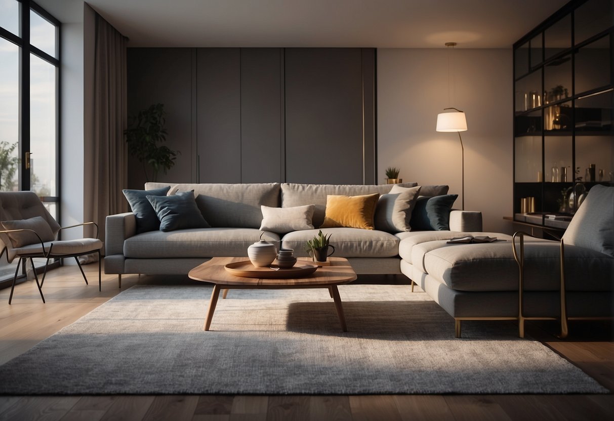 A modern living room with sleek Domicil furniture, soft lighting, and a cozy rug