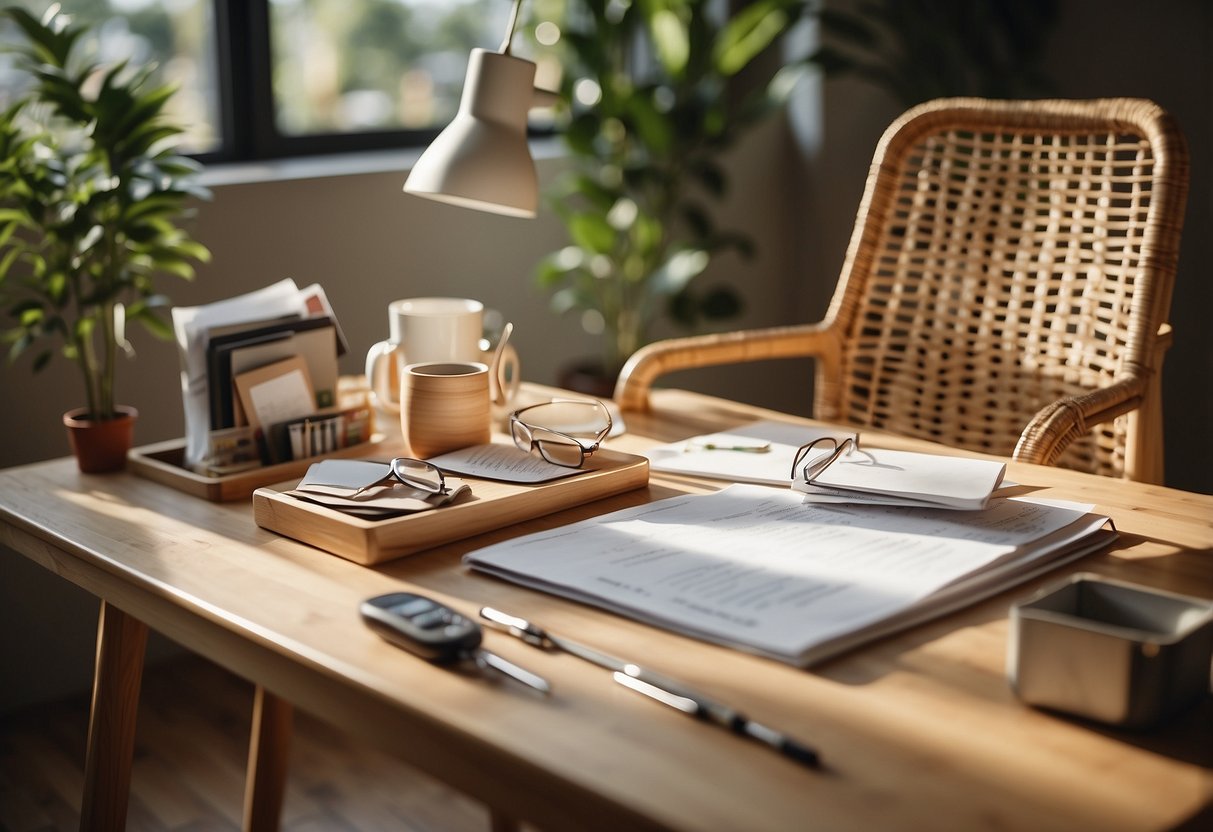 A bamboo chair and table surrounded by various design sketches and tools on a work desk. Bright natural light illuminates the scene