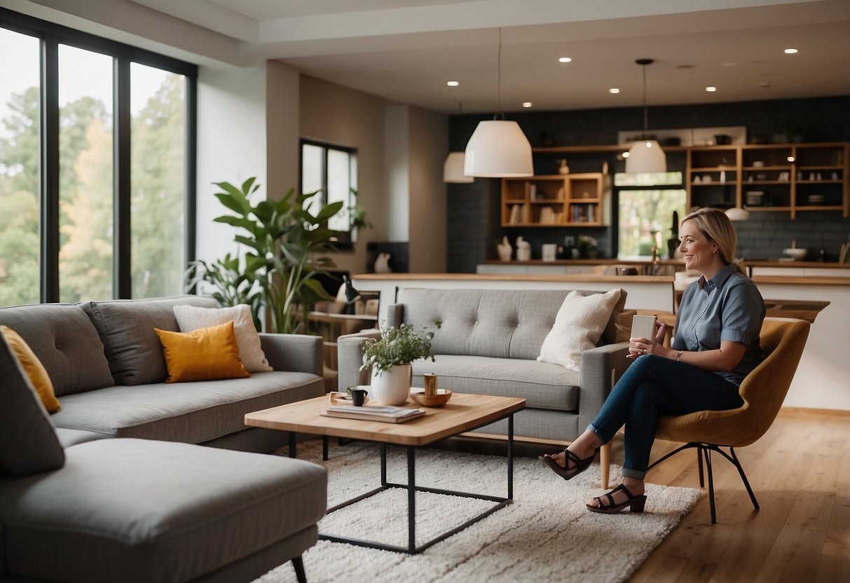 A cozy living room with a modern sofa, coffee table, and bookshelf. A customer service representative assisting a customer with a smile