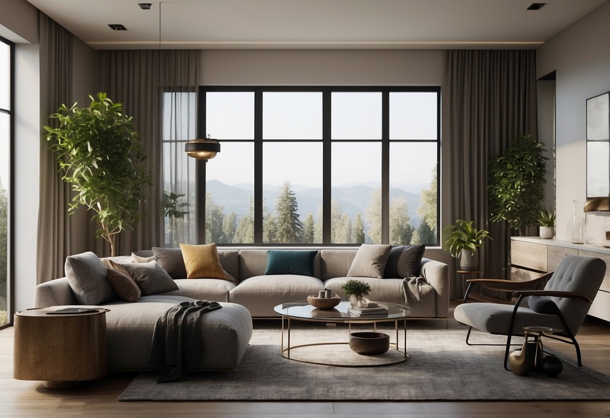 A modern living room with dsl furniture, clean lines, and minimalist decor