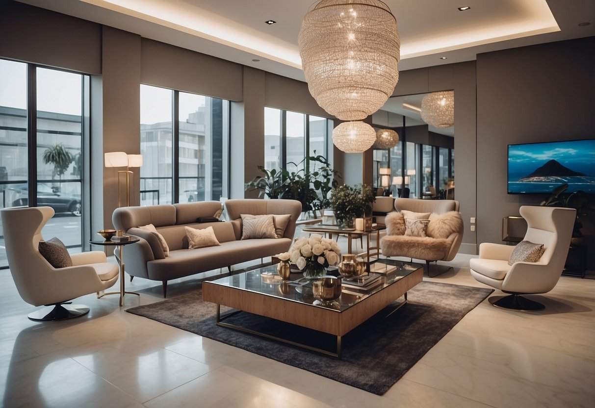 A showroom filled with modern furniture pieces, arranged in stylish settings, with natural lighting and minimalist decor
