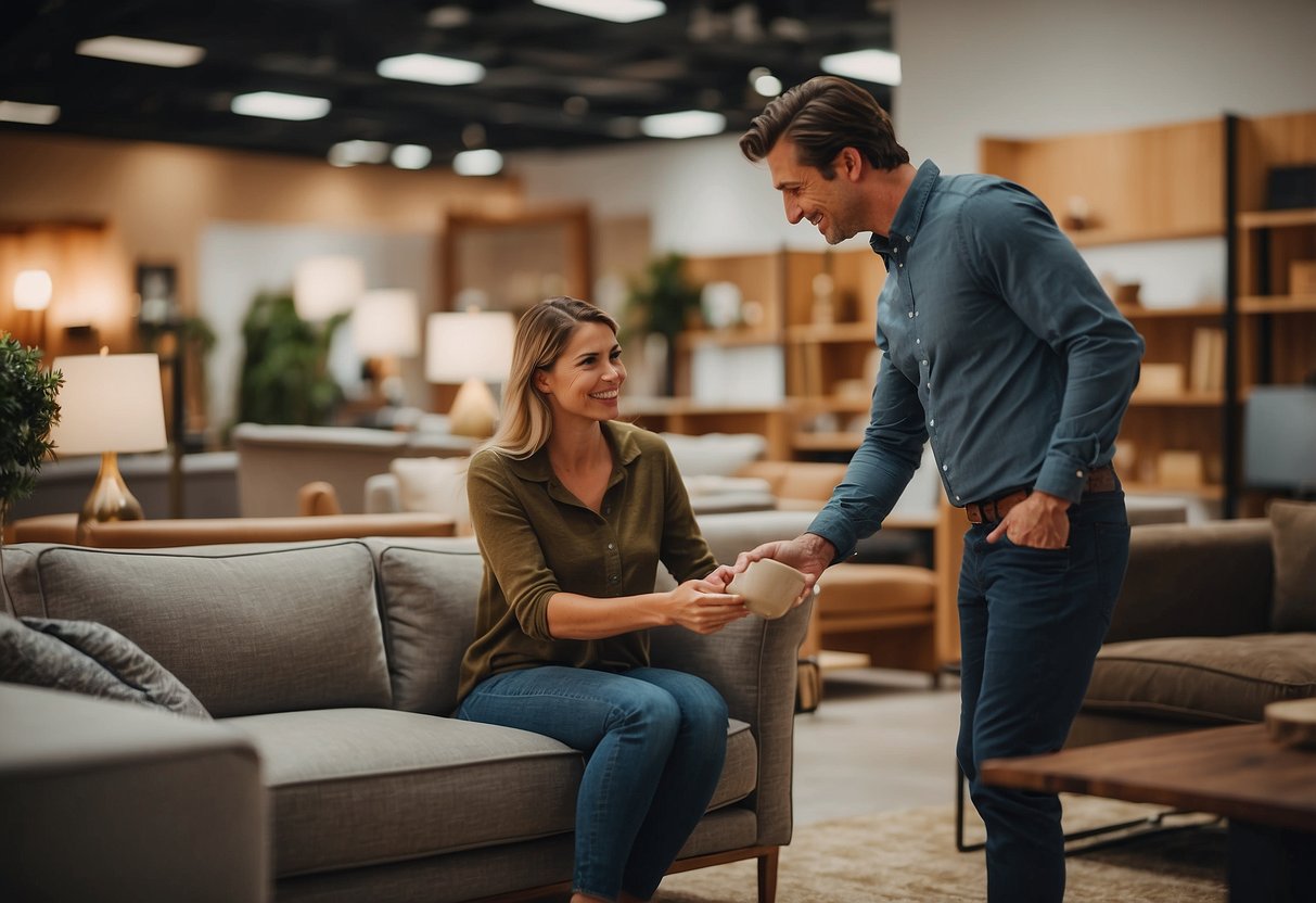 A customer browsing furniture while a sales representative assists with a purchase