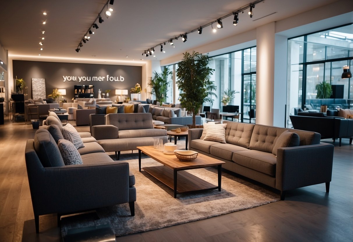 A modern furniture showroom with customers browsing and staff assisting. Displays of sofas, tables, and chairs with "Frequently Asked Questions" signs