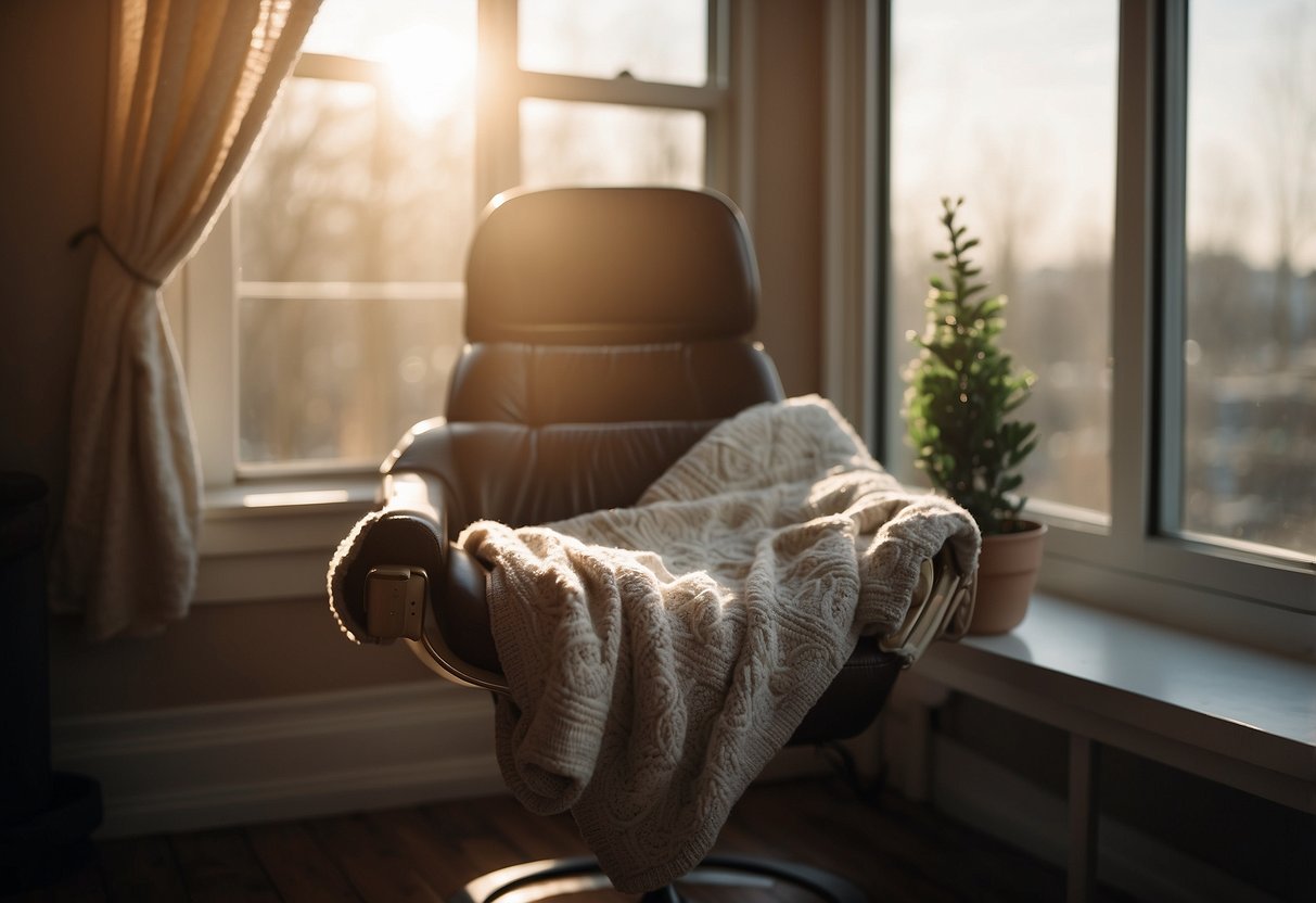 An easy chair sits by the window, bathed in soft sunlight. A cozy blanket is draped over the armrest, and a book rests on the cushion