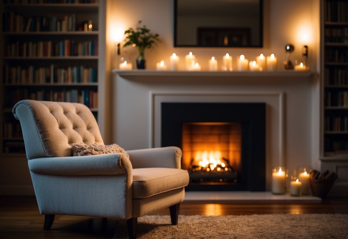A cozy, plush easy chair sits beside a warm fireplace, surrounded by bookshelves and soft lighting, inviting relaxation and comfort
