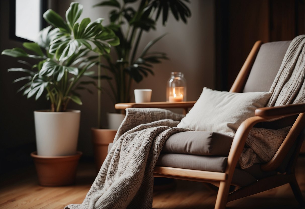 A hand reaches for a cozy, upholstered easy chair beside a side table with a potted plant. A soft throw blanket is draped over the back of the chair, and a book rests on the seat