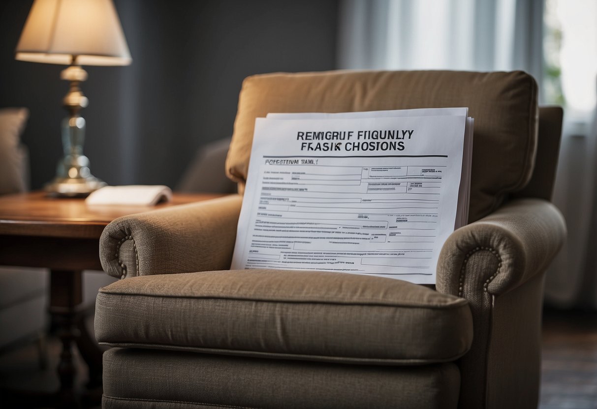 An empty, comfortable armchair surrounded by a stack of neatly organized papers and a laptop, with a sign reading "Frequently Asked Questions" on the wall behind it