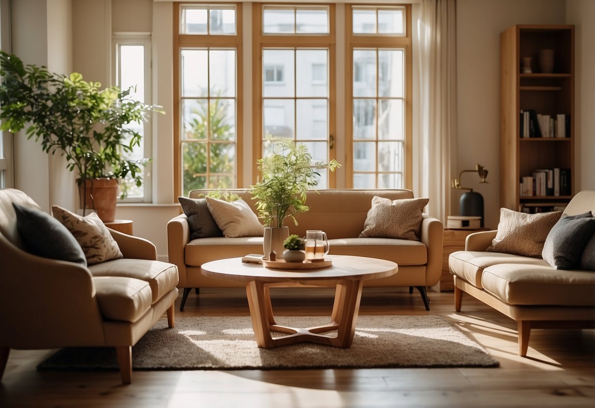 A cozy living room with beech wood furniture, including a coffee table, bookshelf, and armchair, bathed in warm natural light from large windows