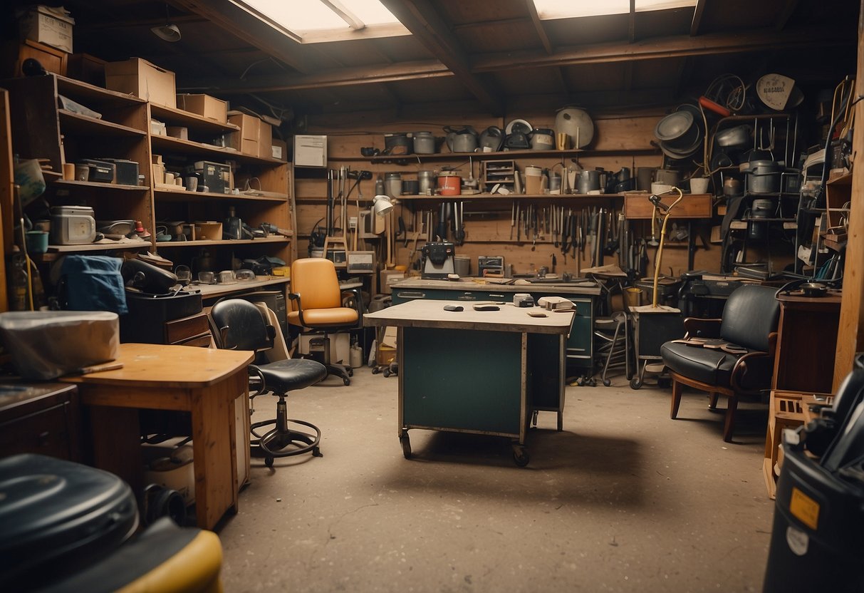 A cluttered garage with old chairs, tables, and cabinets. Some items show signs of wear, while others appear to be in good condition