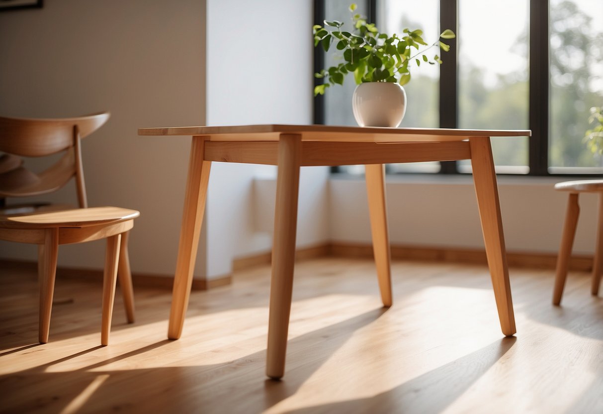 A sturdy beech wood table stands in a sunlit room, showcasing its smooth, pale surface and fine grain. A chair with curved, elegant lines complements the table, highlighting the warm, natural beauty of beech wood furniture