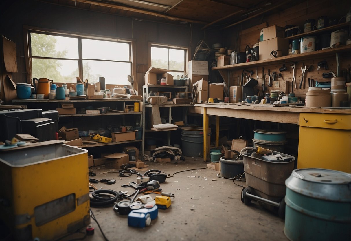 A cluttered garage with old, worn-out furniture. A stack of potential flip items sits in the corner, while tools and paint cans are scattered around