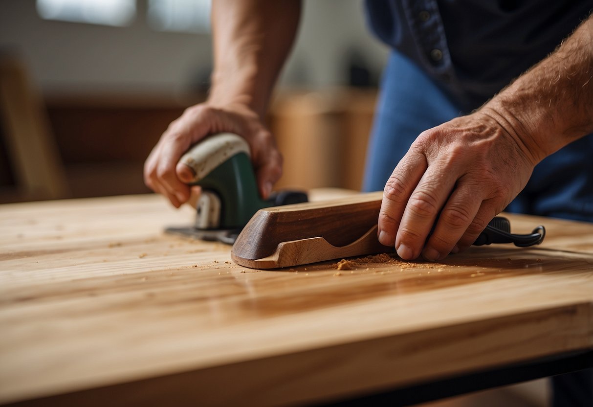 A carpenter meticulously sands and polishes a beech wood table, while another applies a rich stain, highlighting the natural grain