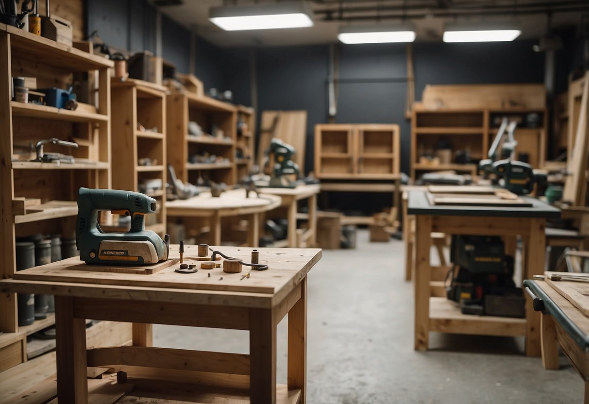 A workshop filled with tools and unfinished furniture. Items are being sanded, painted, and assembled. Finished pieces are displayed for sale