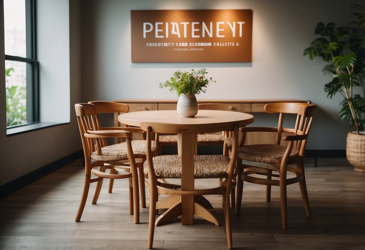 A beech wood table and chairs displayed with a sign reading "Frequently Asked Questions" in a showroom setting