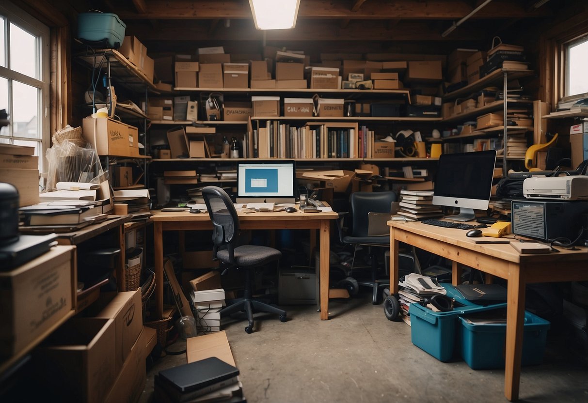 A cluttered garage with old furniture, tools, and boxes. A person researching online with a laptop and a stack of books on furniture flipping