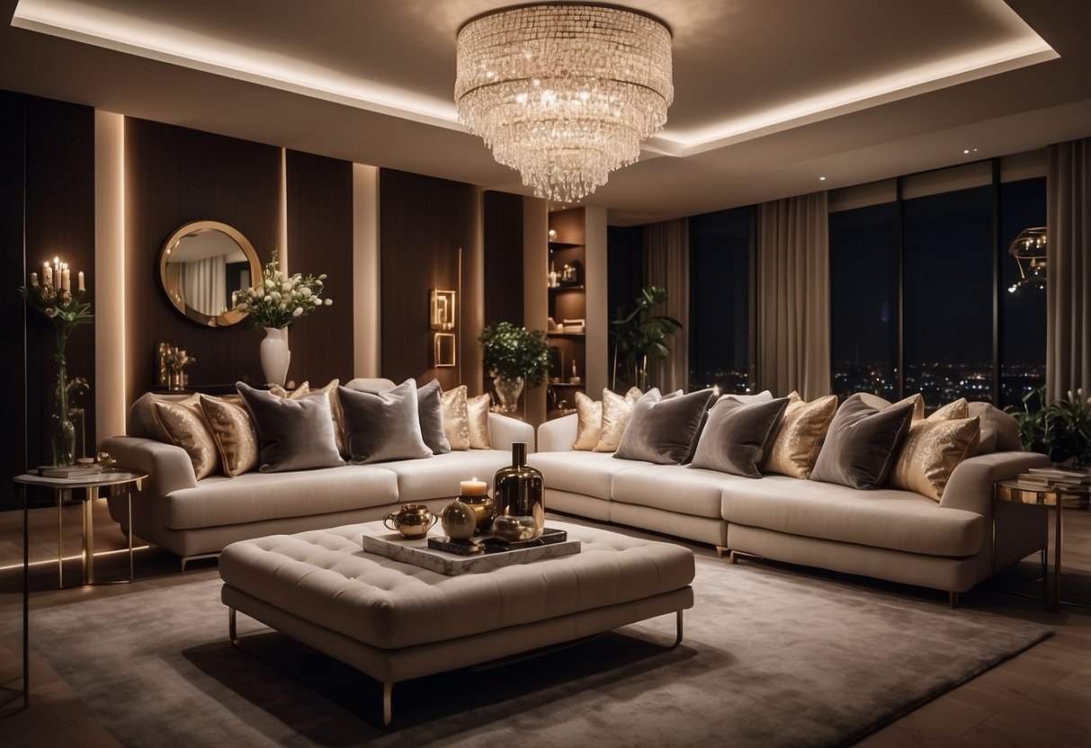 A luxurious canape furniture set in a spacious living room, adorned with plush cushions and elegant upholstery, surrounded by tasteful decor and soft lighting