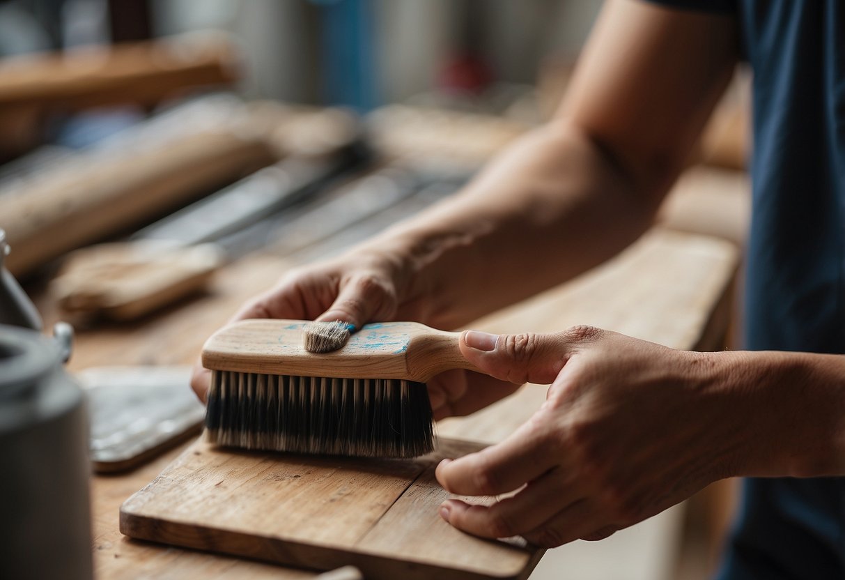 A hand holding a paintbrush applies chalk paint to a wooden furniture piece in a well-lit workshop in Singapore