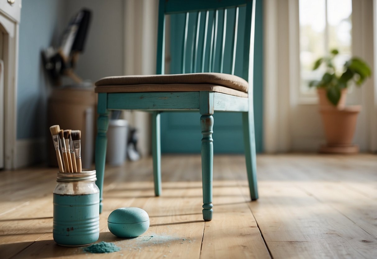 A table and chair sit in a bright, airy room. Cans of chalk paint and brushes are scattered on the floor. The furniture appears worn and in need of a fresh coat of paint